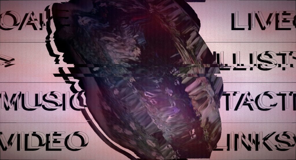 Abstraktes Bild. In der Mitte ein lila-gräuliches Loch, links und rechts teils unvollständige Schlagwörter in Bezug zu den Medien erkennbar.