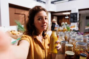Frau macht ein Selfie vor Einmachgläsern und hat eine Flasche mit Gelber Soße in der Hand.