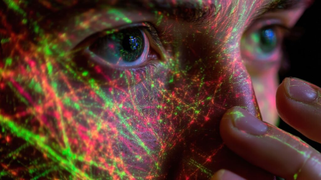 Nahaufnahme eines Gesichtes, welches mit leuchtender Neonfarbe bespritzt ist.