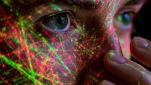 Nahaufnahme eines Gesichtes, welches mit leuchtender Neonfarbe bespritzt ist.