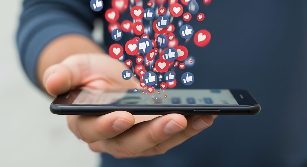 Person mit Handy in der Hand, über dem Likes und Herzchen schweben