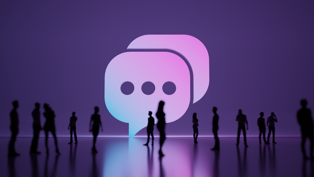 Ein KI erstelltes Bild, dass verschwommene Personen vor einem Lila Hintergrund zeigt, in dessen Mitte ein weißes "Messages" Symbol prangert