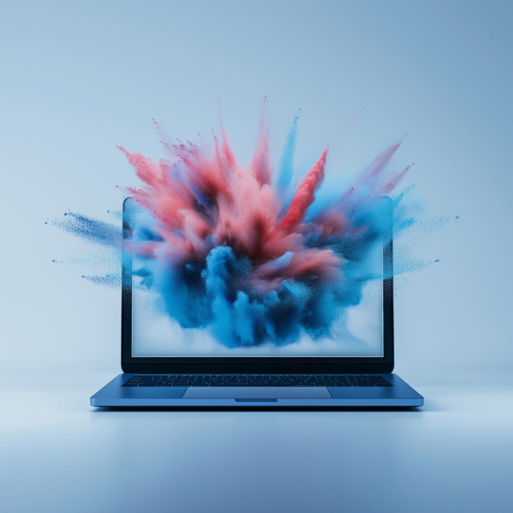 Aus einem Laptop kommt eine Farbexplosion