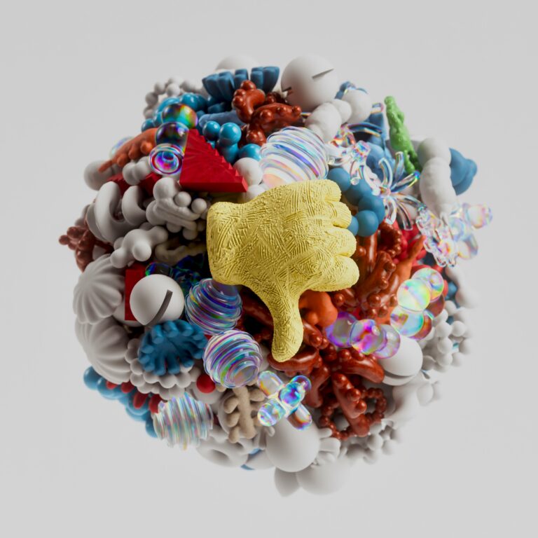 Eine digital gestaltete Kugel aus Reaction-Icons aus Social Media. In der Mitte ein "Daumen runter" Symbol