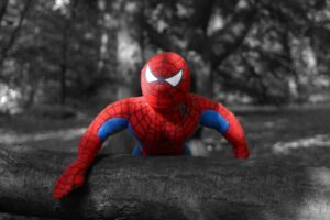 Spiderman Stoffpuppe, auf einem Ast