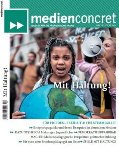 Cover der Medienconcret 2022, auf dem ein Mädchen mit einer ausgeschnittenen Weltkugel zu sehen ist.