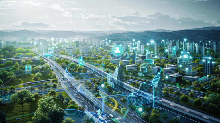 Illustriertes Bild einer Stadt in dem leuchtende Umrisse von Symbolen und Gebauden abgebildet sind.