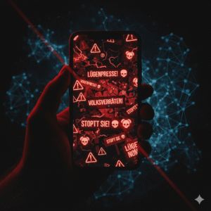 KI-generiertes Bild: Handy mit verschiedenen Hassbotschaften auf dem Bildschirm