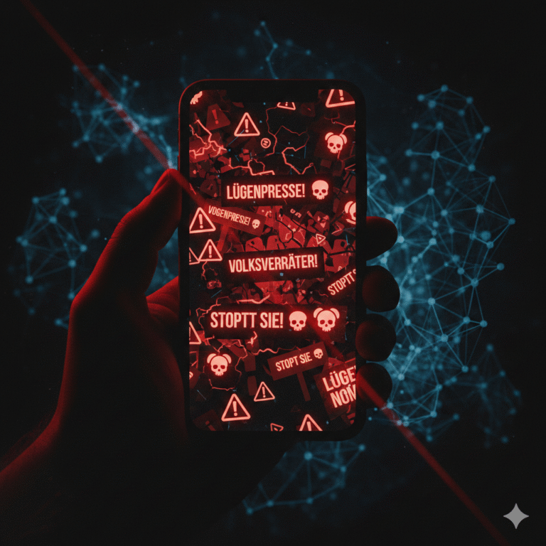 KI-generiertes Bild: Handy mit verschiedenen Hassbotschaften auf dem Bildschirm
