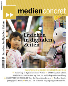 Cover der Medienconcret 2019, auf dem ein kleines Mädchen einem Roboter die Hand schüttelt.