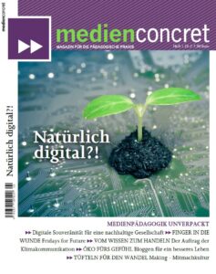 Cover der Medienconcret 2020, auf dem eine Pflanze auf einer Festplatte abgebildet ist.
