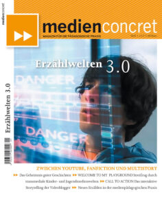 Titelblatt der Zeitschrift MedienConcret mit einem Foto von einem Jungen, der gespannt auf eine augmentierte, projizierte Bildfäche schaut, auf der DANGER steht