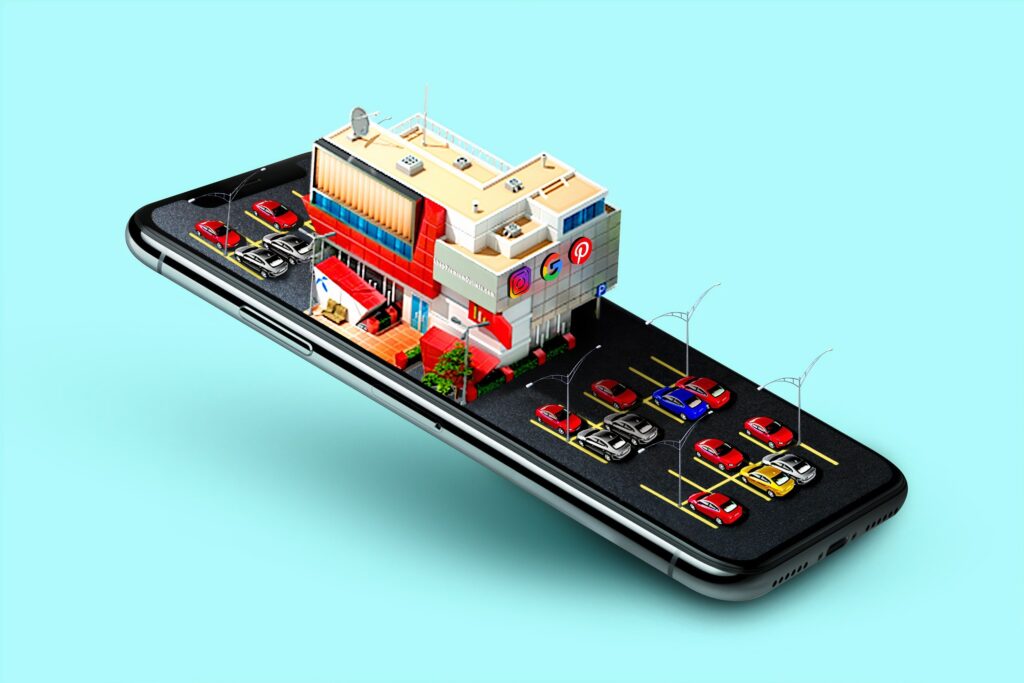 Ein Smartphone mit einer Shoppingmall auf dem Bildschirm als Metapher für Online-Shopping