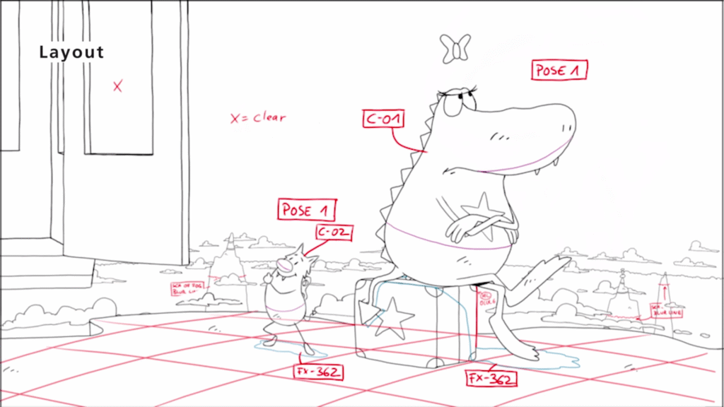 Eine konzeptuelle Skizze von "Molly Monster" mit Vermerken und Positionsangaben der Animateur:innen