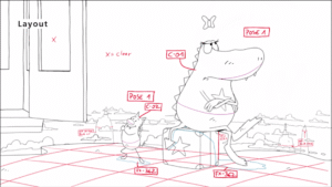 Eine konzeptuelle Skizze von "Molly Monster" mit Vermerken und Positionsangaben der Animateur:innen