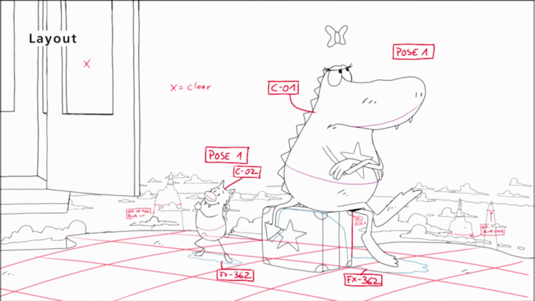 Eine konzeptuelle Skizze von "Molly Monster" mit Vermerken und Positionsangaben der Animateur:innen