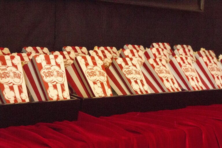 In Reihe angeordnete und gefüllte Popcorntüten auf rotem Stoff