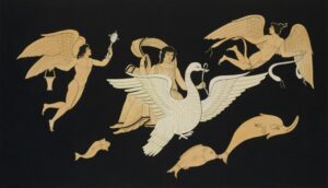 Eine Illustration aus der Mythologie, die Engel, einen Schwan und Fische zeigt.