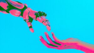 Ein menschlicher und maschineller Arm in rosa-blau T&ouml;nen, die sich nacheinander ausstrecken