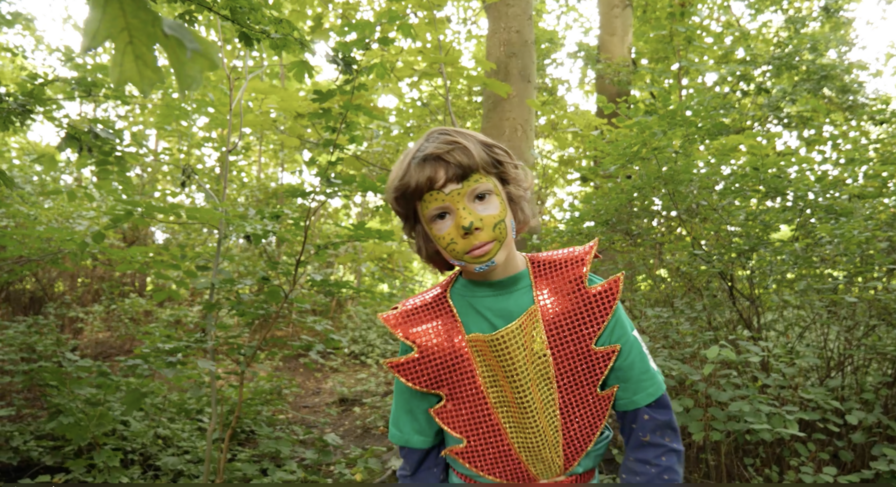 Kleiner verkleideter Junge im Wald.