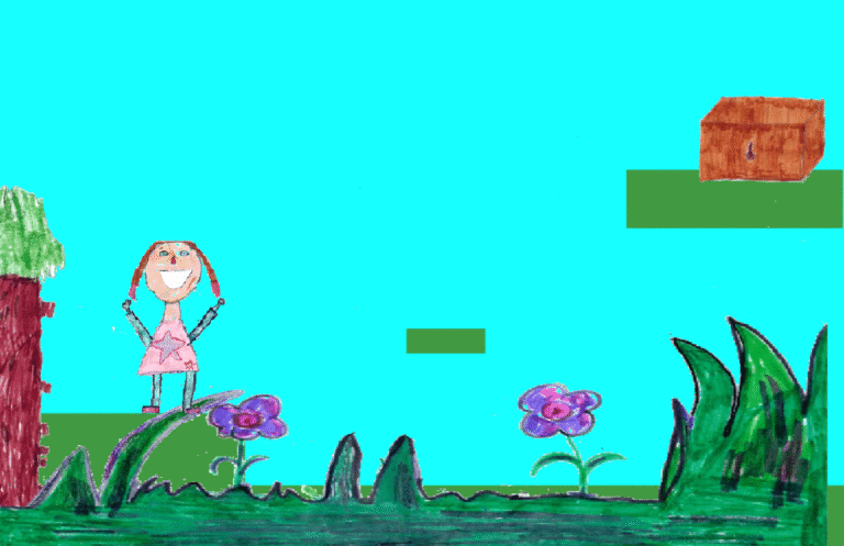 Selbstdesigntes Spiel mit gemalter Wiese, Blumen und einem Mädchen.