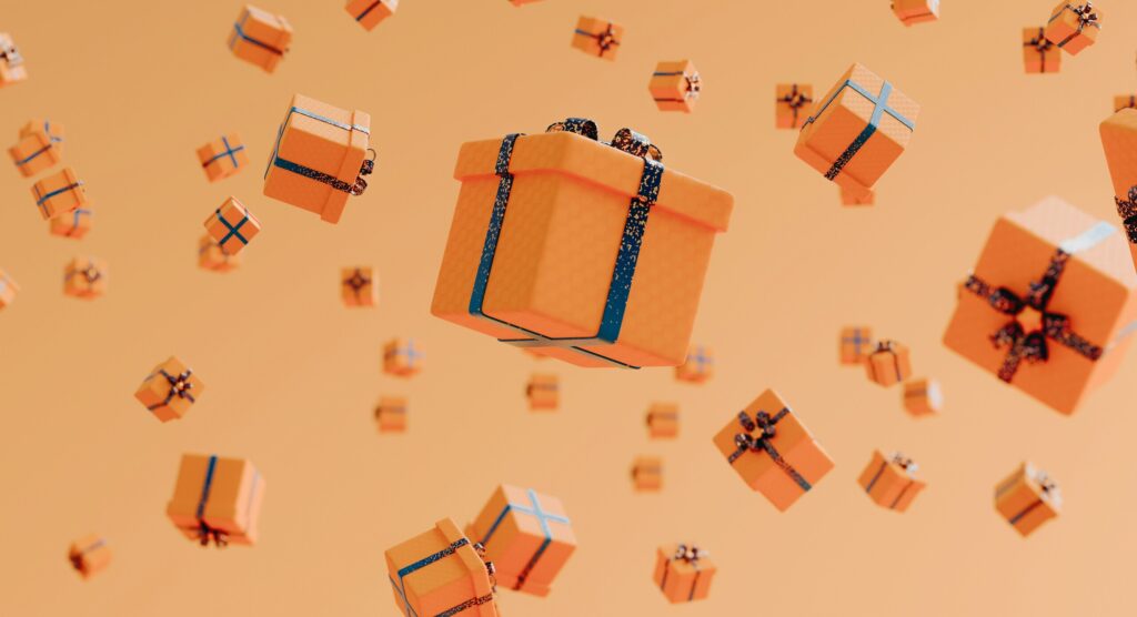 viele orangene Geschenke, die durch die Luft schweben vor orangenem Hintergrund. 3D Rendering.
